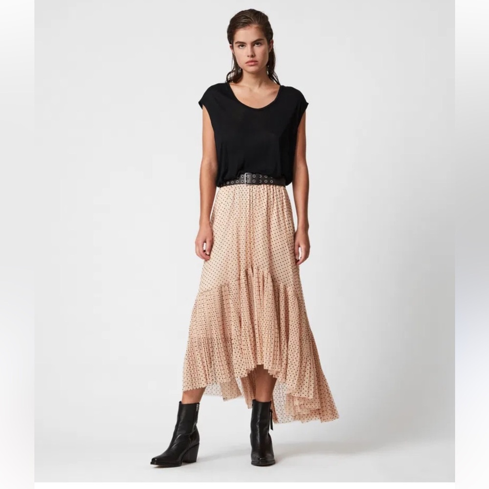 All Saints Aubrey Dot Cream Polka Dot High-Low Skirt. Size 2